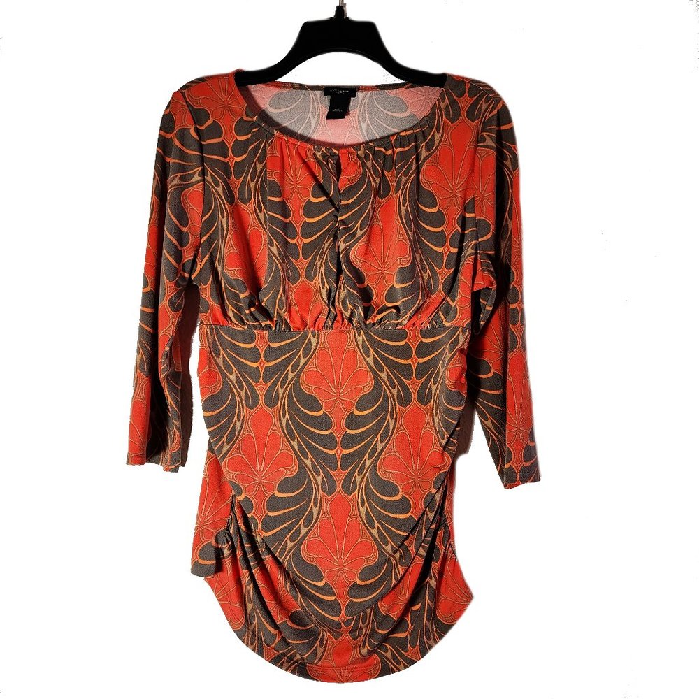 Ann Taylor Orange and Taupe Nouveau Print Knit Blouse